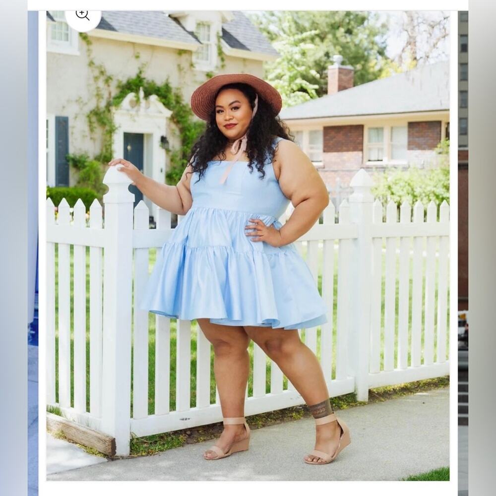 Square-Neck Tiered Mini Dress in Light Blue - Picture 2 of 15